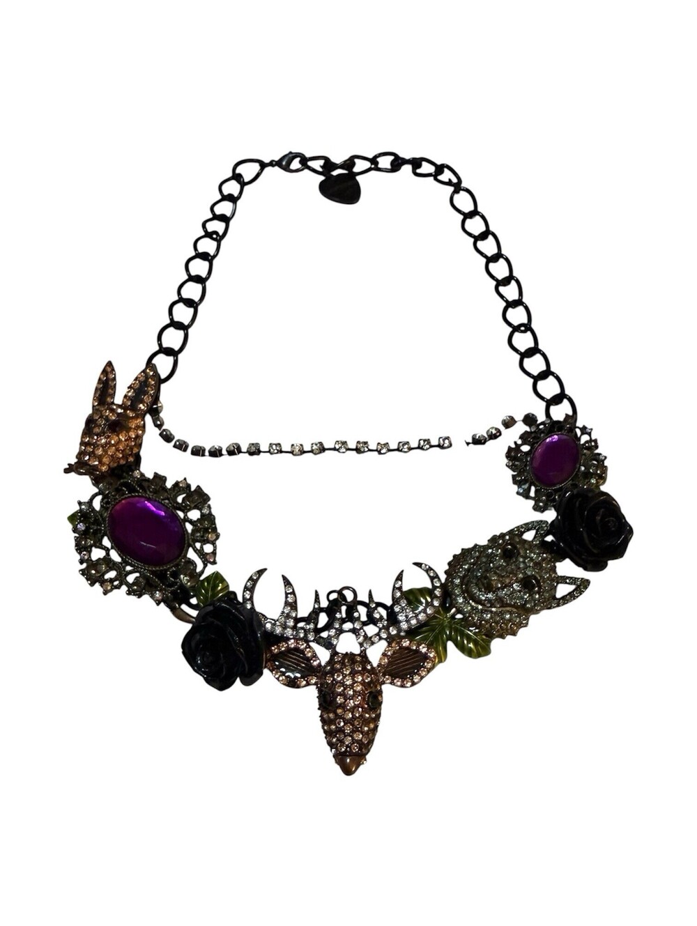 Betsey Johnson Dark Forest Black Rose Deer Skull Leaves Wolf Necklace